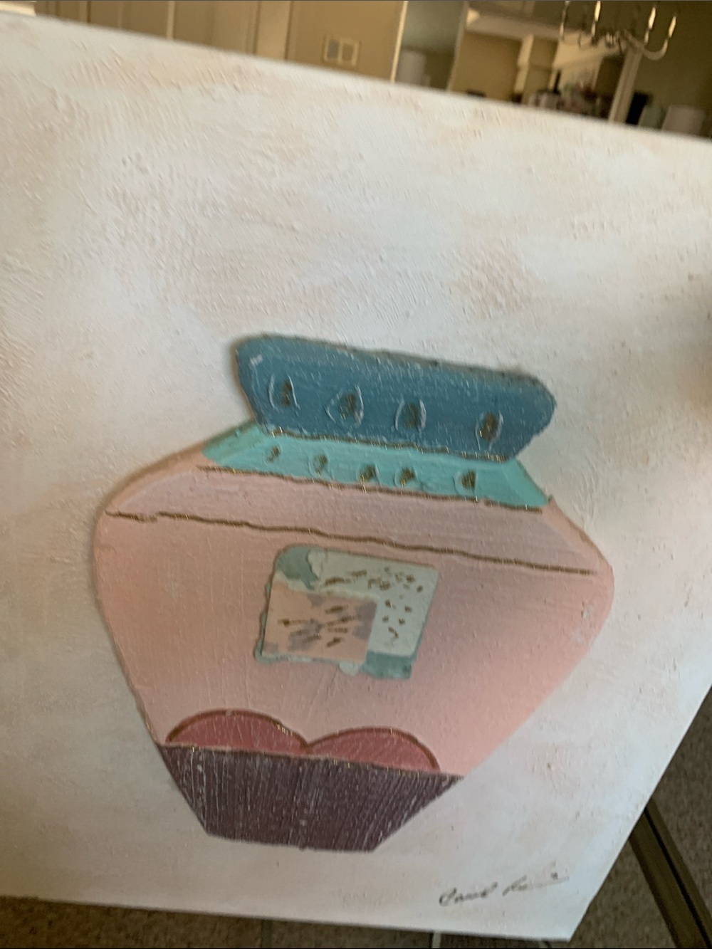 Hand-Painted Vase Canvas Art in Pink and Teal
